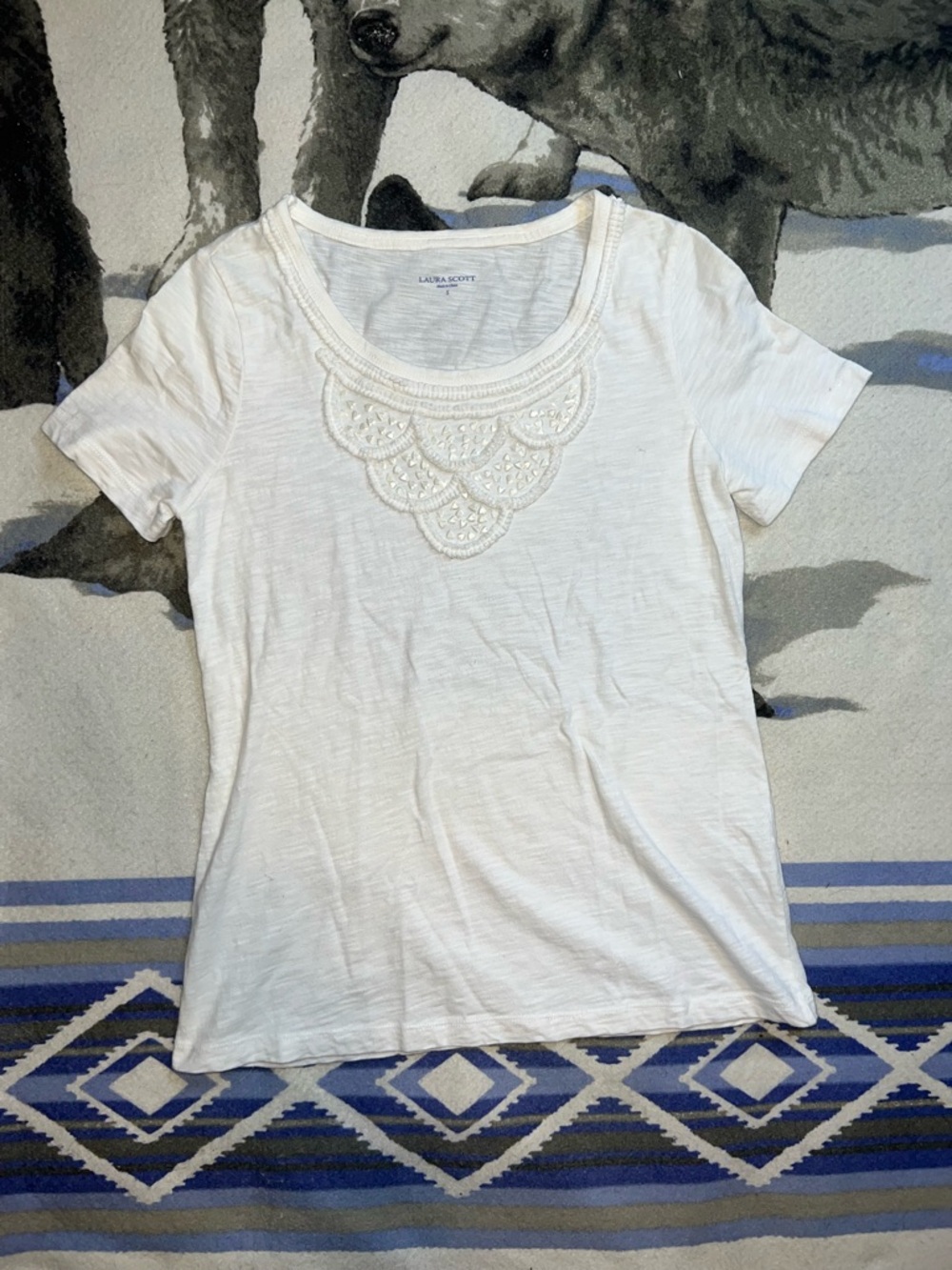 Laura Scott White Embroidered Beaded Scoop Neck Short Sleeve T-Shirt Size S